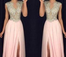 Gorgeous Pink Chiffon Sequins Big Bow Split Evening Dress Long Prom Dress Y8474