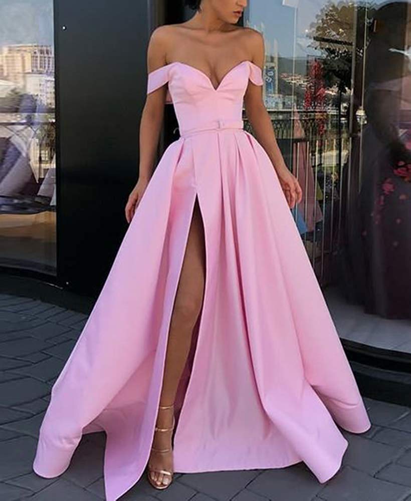 Off Shoulder Yellow Side Slit Cheap Yellow Long Evening Prom Dresses