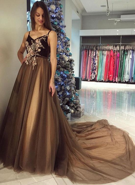 Princess V Neck Black Tulle Cold-Shoulder Long Prom Gown Formal Dresses