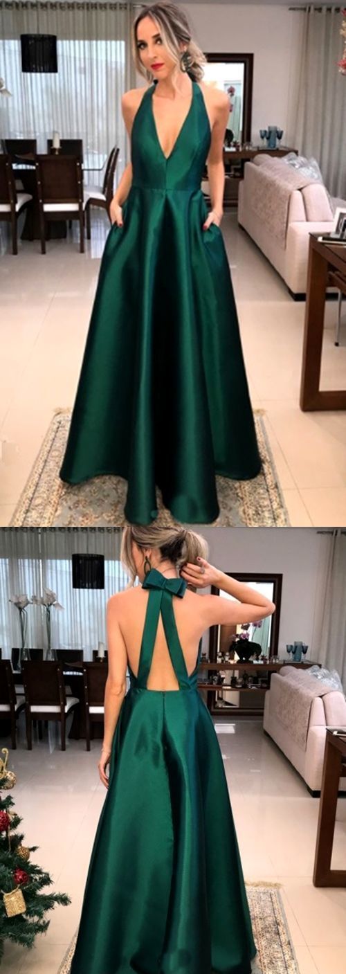 Gorgeous Halter V Neck Satin Long Prom Dress Green Formal Evening Gown ...