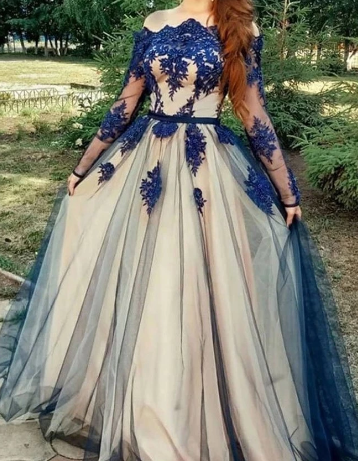 A Line Long Sleeves Graduation Dresses Tulle Prom Dresses With