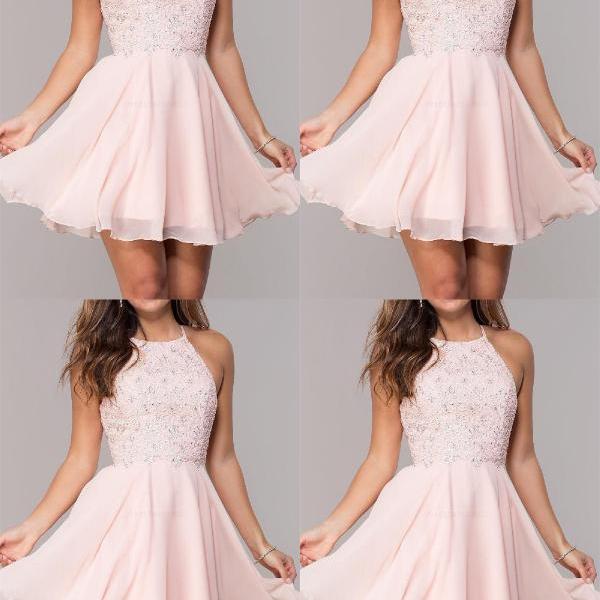 Light Pink Dresses,Chiffon Short Dresses,Beaded
