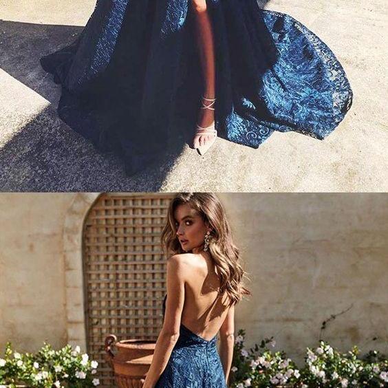 Blue Sequin V-Neck Lace-Up Wrap Long Prom Dress main image 1