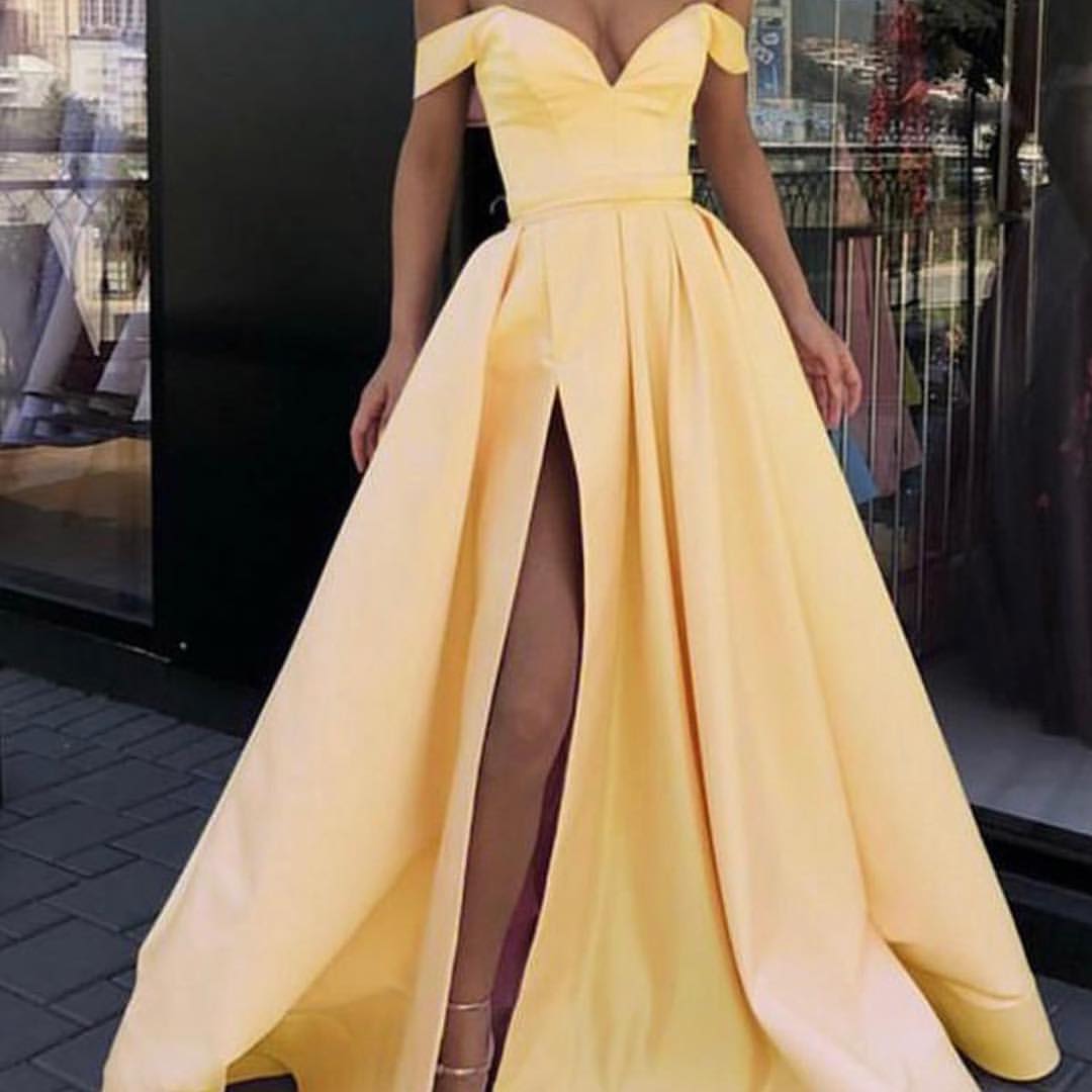 Off Shoulder Yellow Side Slit Cheap Yellow Long Evening Prom Dresses ...