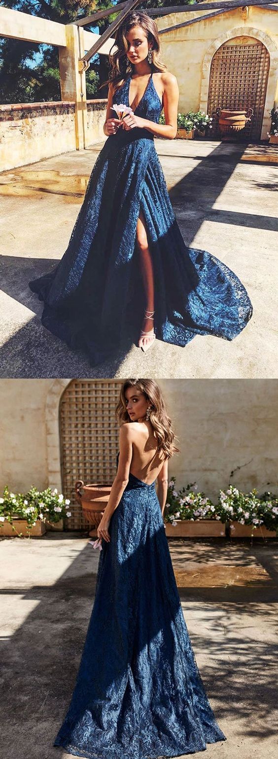 Navy Blue Lace Embroidered Lace-Up Trumpet Long Prom Dress Y6765