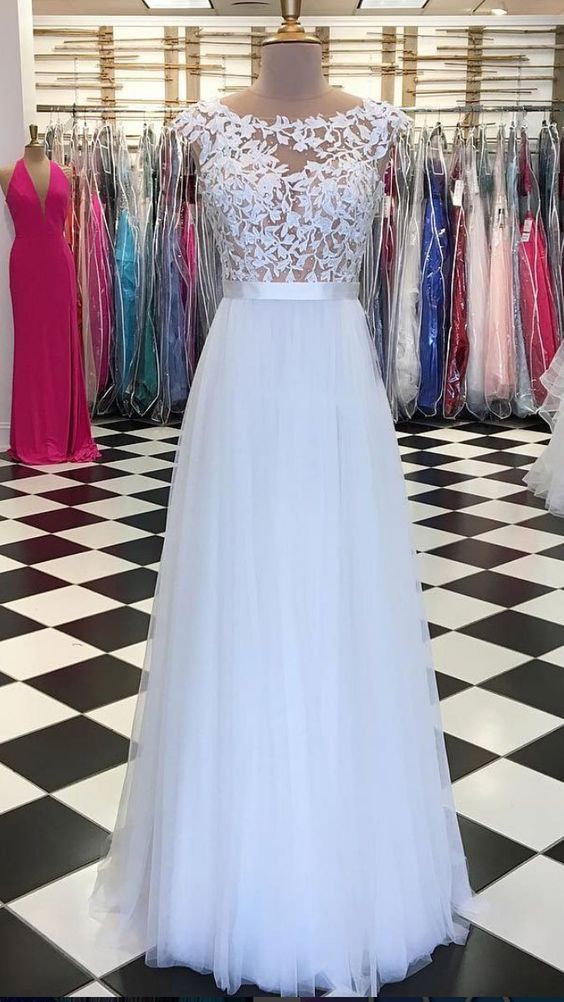 White Lace Applique Tulle Long Prom Dress, White Evening Dress on Luulla