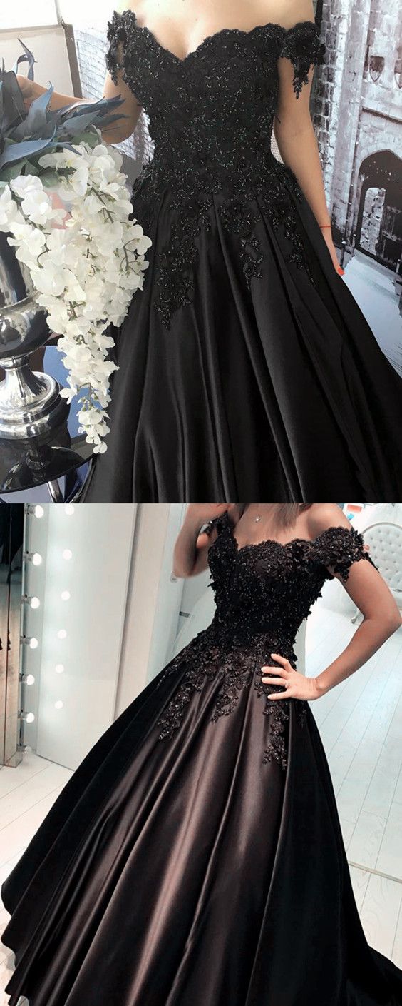 Black Lace Flower Off The Shoulder Satin Prom Dresses Ball Gowns on Luulla