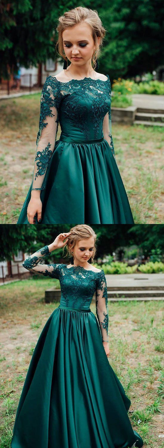 Elegant Green Satin A-line Evening Dress Lace Long Prom Dress Green ...