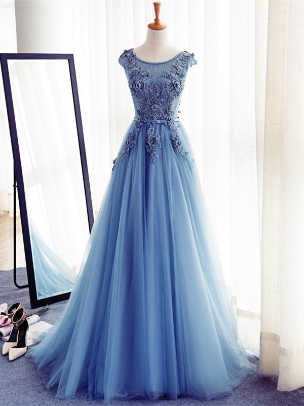 Custom Made Round Neck Sleeveless Lace Prom Dress, Blue Lace Formal ...